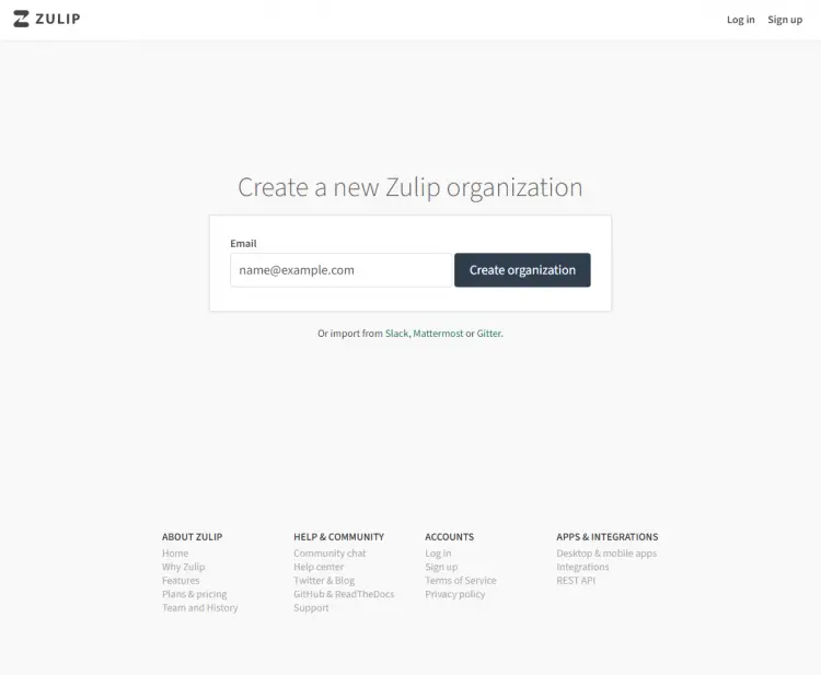 Zulip New Organization Page