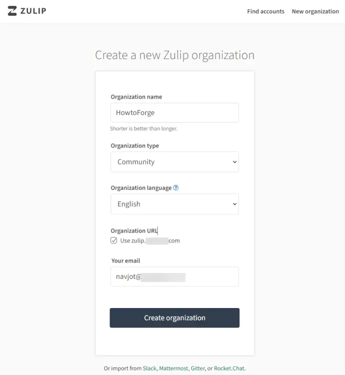 Zulip New Organization Page