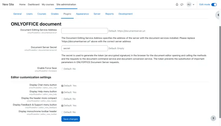 ONLYOFFICE settings in Moodle