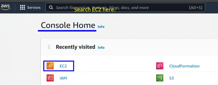 Navigating to the EC2 dashboard