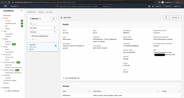 Check the alarm in Cloudwatch Dashboard