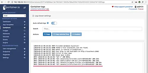Log files of the container