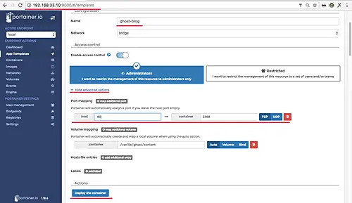 Create container for Ghost Blog