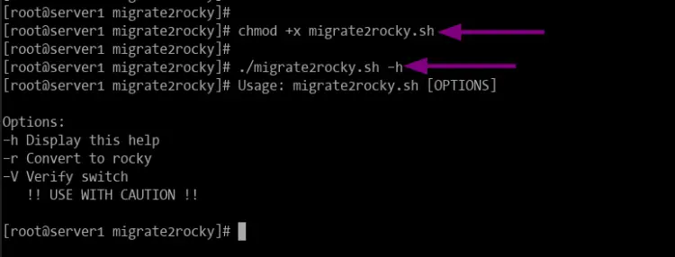 Make Rocky Linux migration script executable and the help of the script