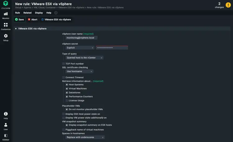 Confguration of the VMware rule in Checkmk