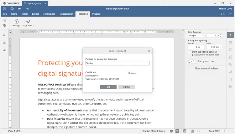Add Digital Signature in ONLYOFFICE