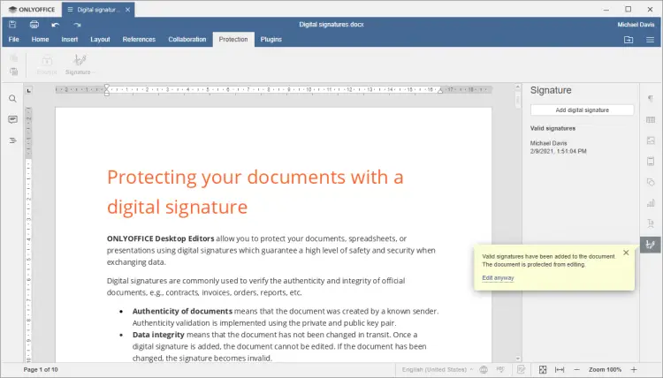 Protect Document with Digital Signature