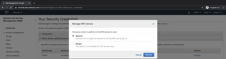 Remove MFA device