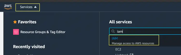 Select IAM from Services list
