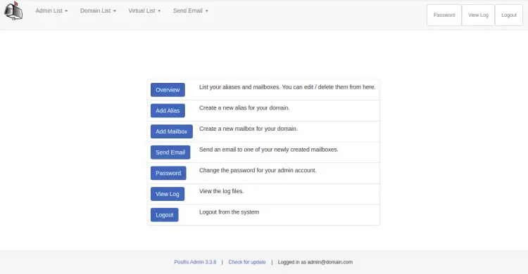 PostfixAdmin dashboard