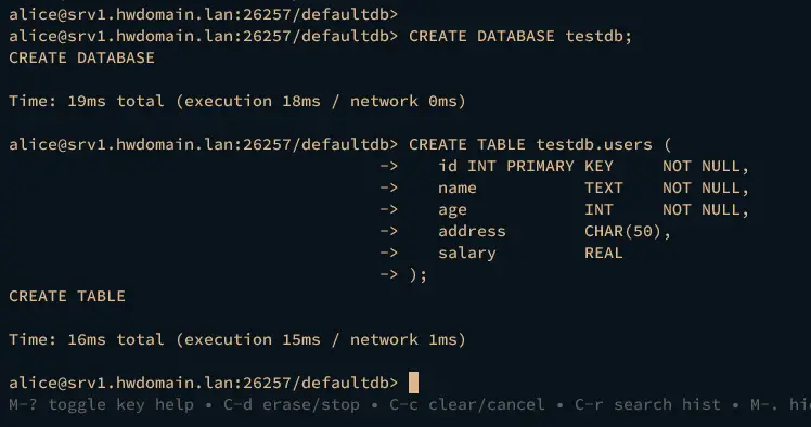 create database and table