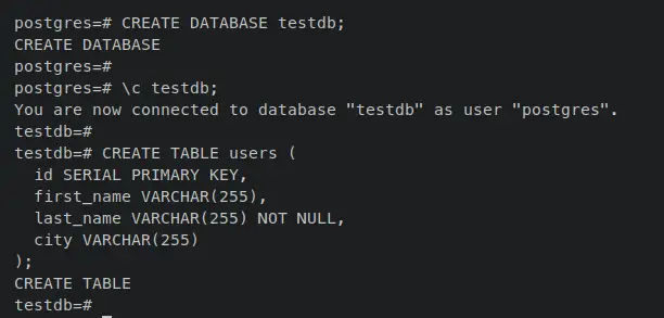 create database testdb and table users