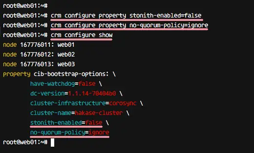 Disable STONITH and Ignoring the Quorum Policy