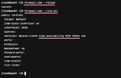 Reload firewall and check firewall ruleset
