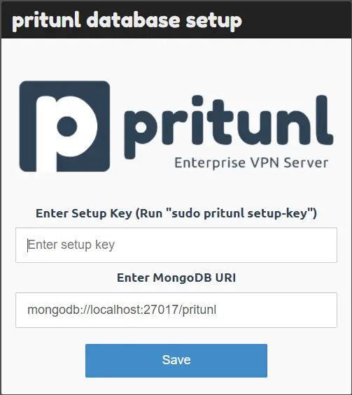 Pritunl Database Setup Screen