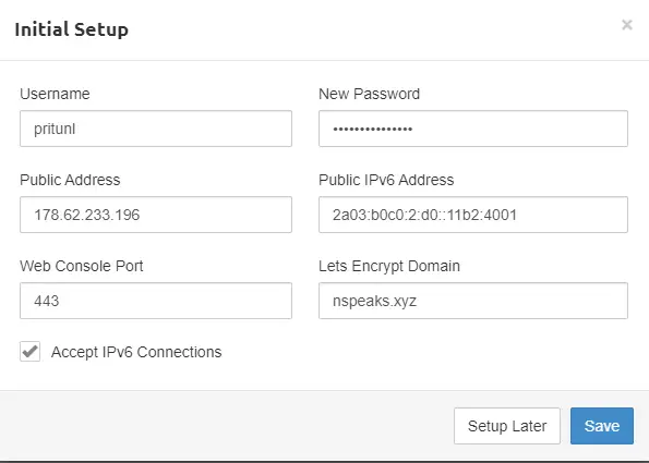 Pritunl Initial Setup Screen