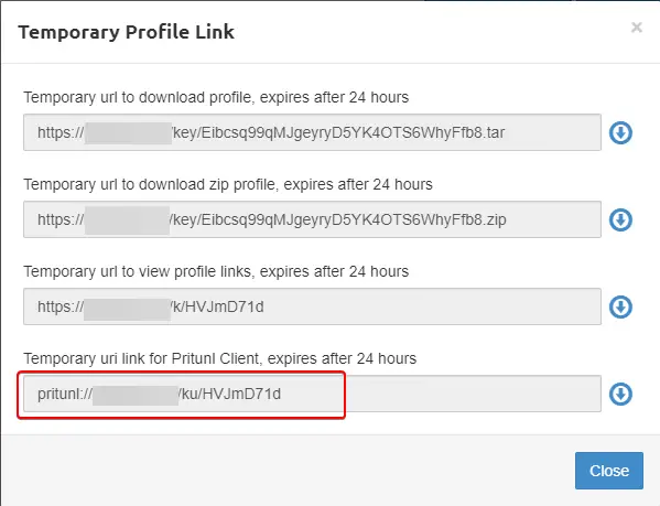 Pritunl Temporary Profile Link Copy