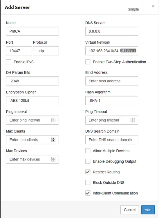 Server configuration details