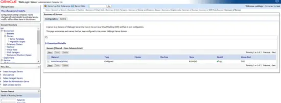 servers tab in WebLogic