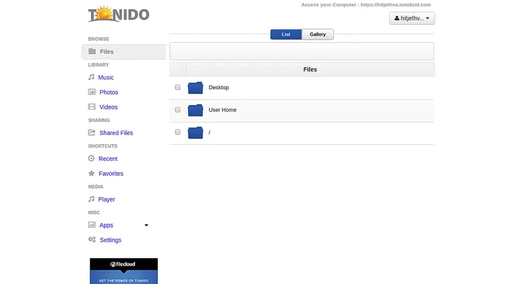 Tonido dashboard