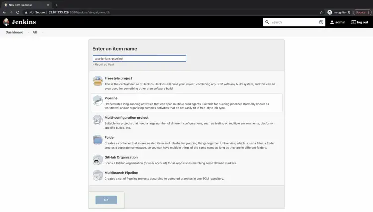 New Job -  Jenkins Pipeline
