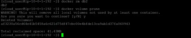 remove the unused volumes associated with db2 container