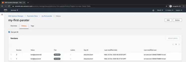 Parameter Store - Decrypt and see values in history