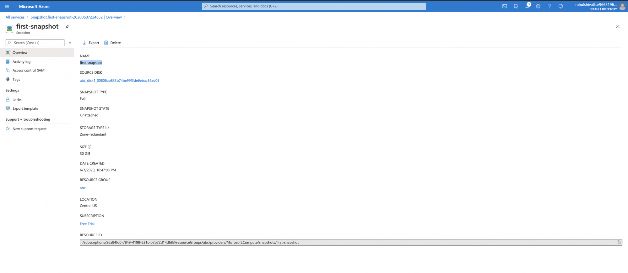 How to take a Snapshot of a disk in Microsoft Azure Cloud