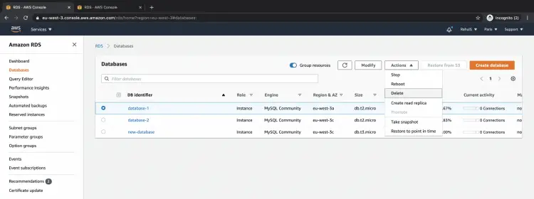 Delete the database instance