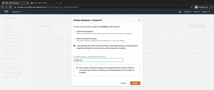 Confirm the database instance deletion