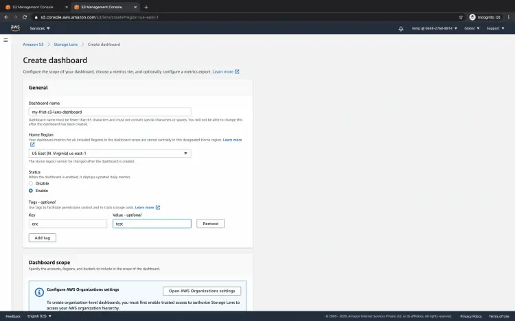 Create S3 Lens Dashboard
