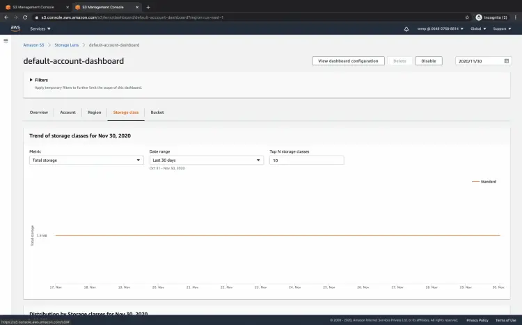 S3 Lens Default Dashboard Storage Class tab