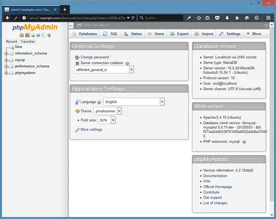 The PHPMyAdmin start page.