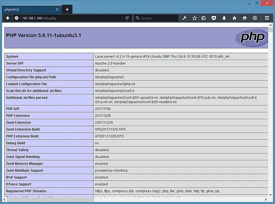 PHP 5.6 phpinfo screen.