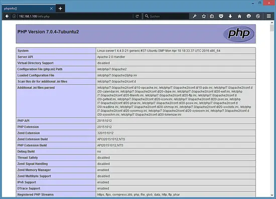 PHPINFO output from PHP 7.