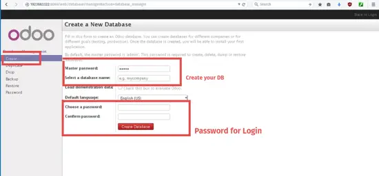 Enter database details in Odoo.