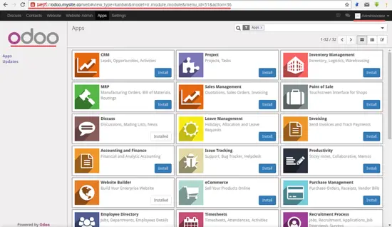 The odoo admin dashboard.