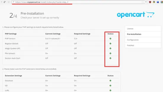 The OpenCart pre installation check.