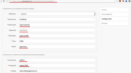 Enter the database details in OpenCart installer.