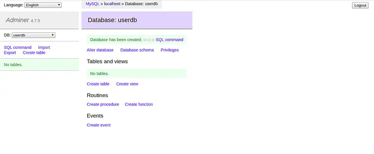 Newly Created database in Adminer