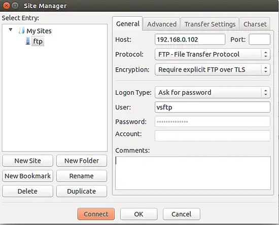 Add site in FileZilla