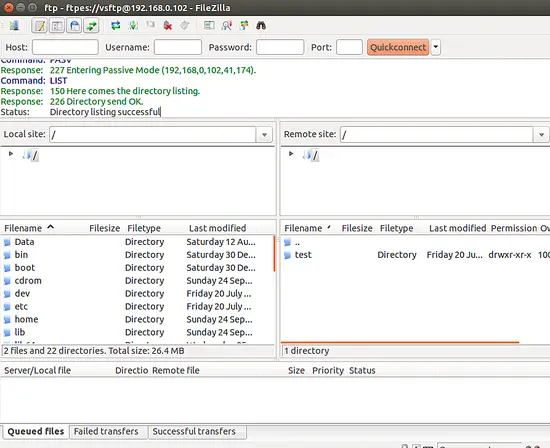 FTP connection to Vsftpd server established
