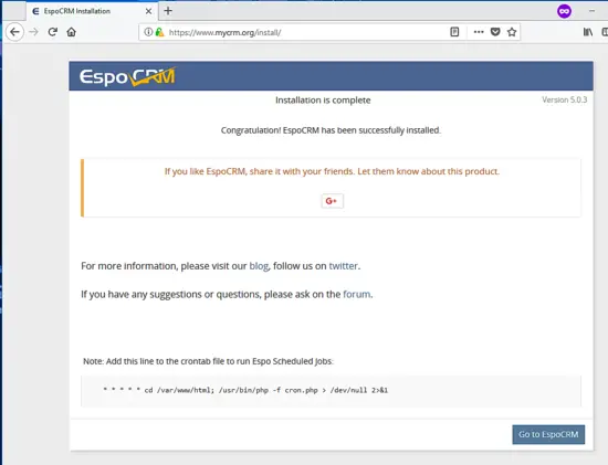 EspoCRM installation complete