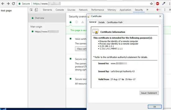 SSL Certificate details shown in chrome browser
