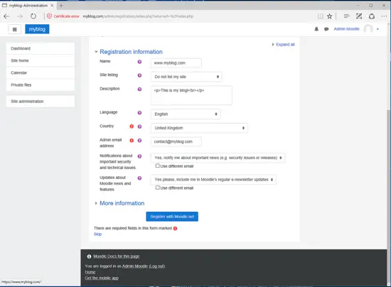 Moodle admin dashboard