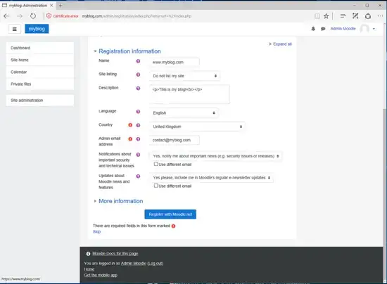 Moodle admin dashboard