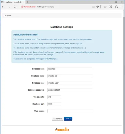 Database settings