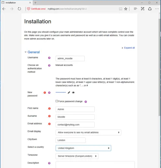 Setup the Moodle details like timezone etc.