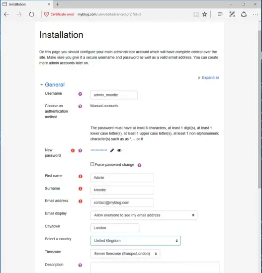 Setup the Moodle details like timezone etc.