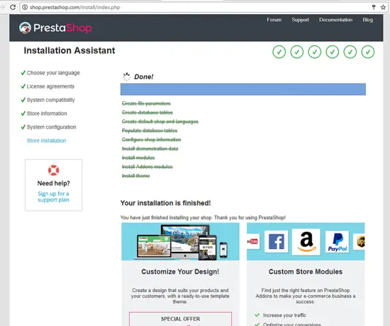 PrestaShop installation finished